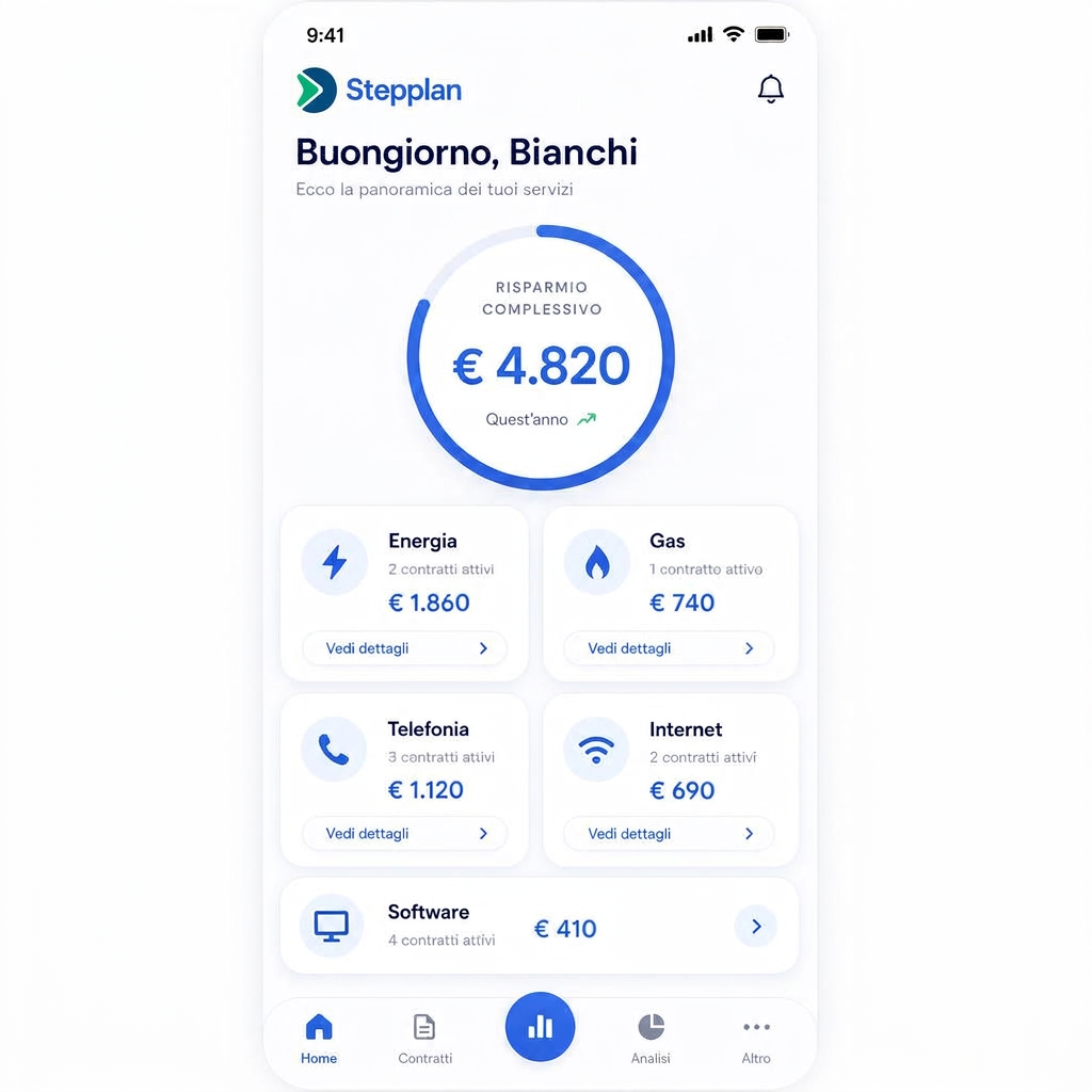 Dashboard dell'app Stepplan con il risparmio complessivo e la panoramica dei servizi attivi
