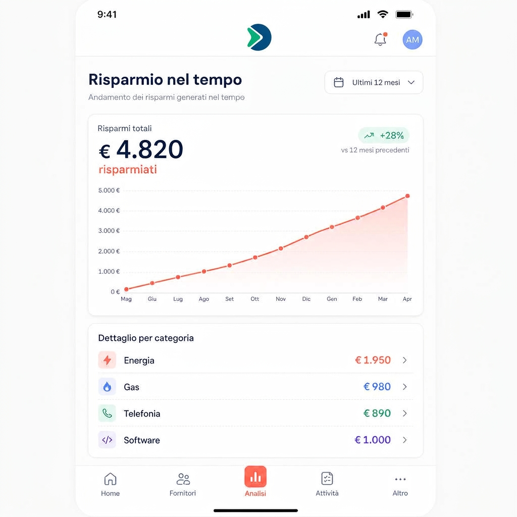 Schermata analisi risparmio dell'app Stepplan con l'andamento nel tempo