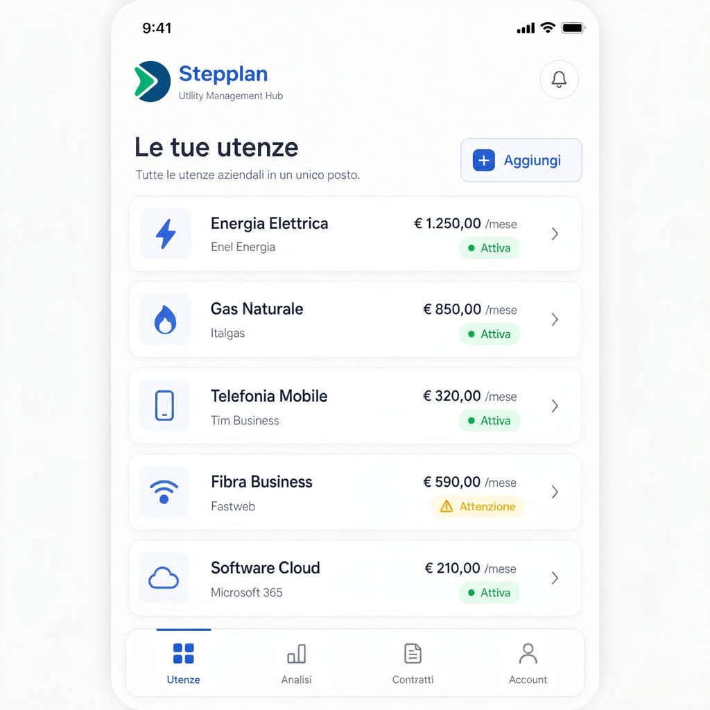 Schermata utenze dell'app Stepplan con l'elenco dei servizi attivi